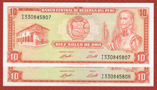 CENTRAL RESERVE BANK OF PERU 24. 5. 1973 10 SOLES DE ORO P-100c.2 CH CU