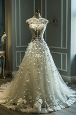 White Ivory Wedding Dresses High Neck with 3D Florals Floor Length Bridal Gowns