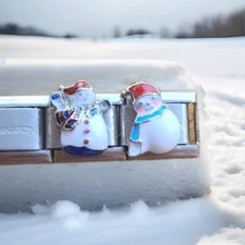 Snowmen Italian Charm Enamel SET OF TWO Stainless Steel 9mm