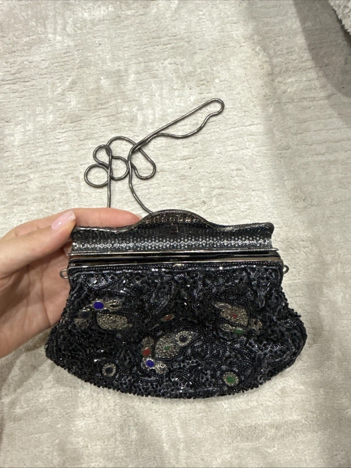 Винтажный 1980-х LaRegale черный бисером многоцветная эмаль специальный случай сумочка сумка - Изображение 3 из 4