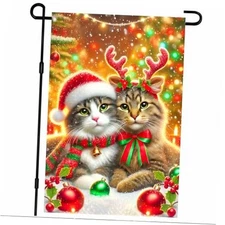 Christmas Garden Flag 12x18 Inch Cat Santa Reindeer Flag Double Sided Holiday 