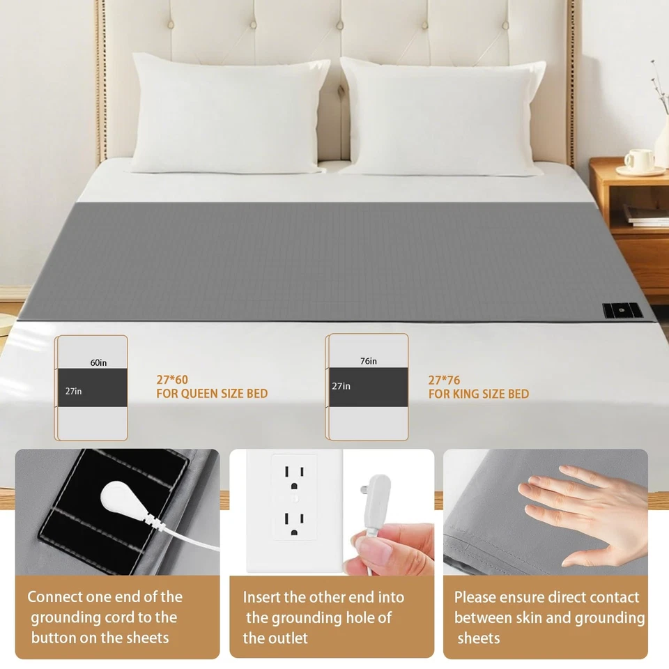 Sábanas de puesta a tierra para cama tamaño queen, sábanas planas de conexión a tierra con fibra plateada y demás Foto 3 de 4