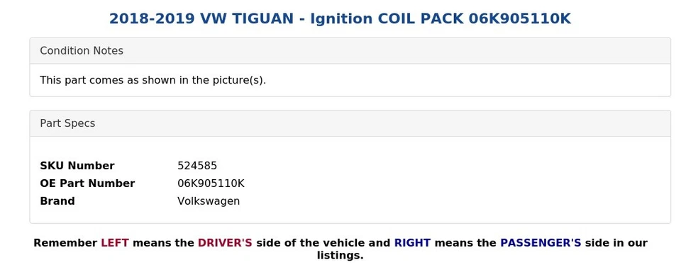 2018-2019 VW TIGUAN - Ignition COIL PACK 06K905110K - Imagen 4 de 4
