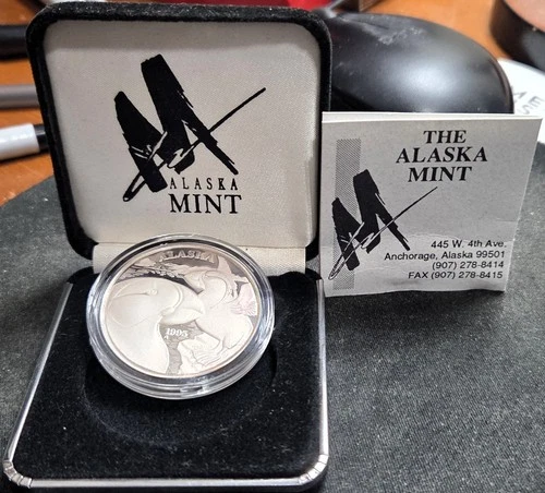 1995 Alaska Mint State Medallion 1 Oz Proof Silver Art Puffins Complete #2