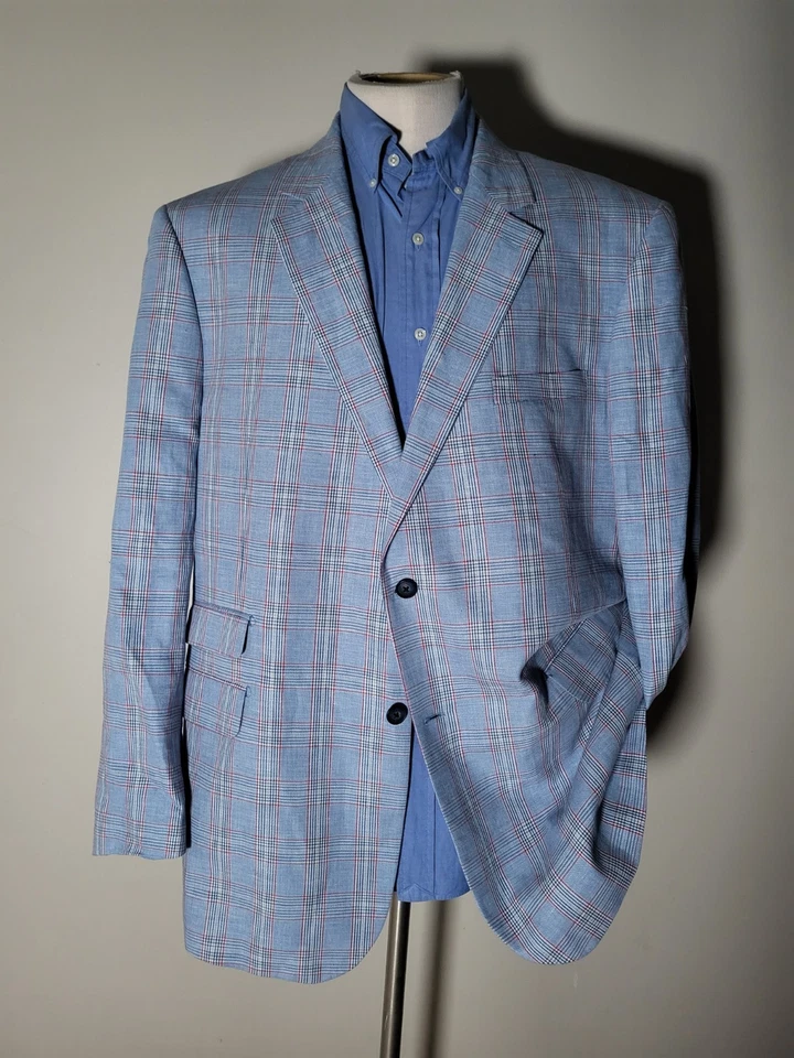 Chaqueta Blazer Abrigo Deportivo 48L Paul Fredrick Lino Algodón Azul Blanco Rosa Cuadros Foto 2 de 4