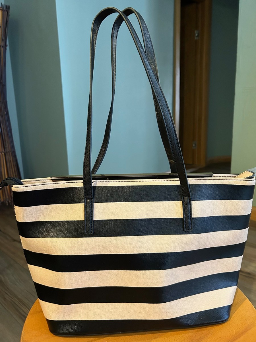 ALDO Striped Black Beige Tote Bag Gold Hardware Black Shoulder