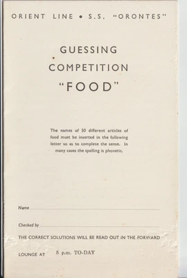 ORIENT LINE - S.S.ORONTES - GUESSING COMPETITION 'FOOD' PASSENGER ENTRY CARD - Image 1 of 2