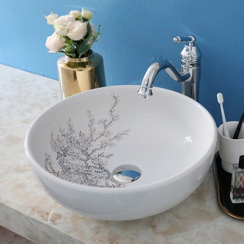Bathroom White Ceramic Sink Round Chrome Single Handle&Hole Deck Mount Mixer Tap - Picture 13 of 15