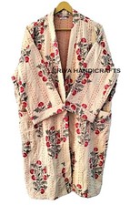 Indian Floral Block Print Kantha Quilt Handmade Beige Winter Mid-Length Jacket