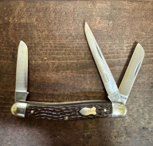 Vintage 825 Schrade Walden NY USA 3-Blade Stockman Pocket Knife Razor Blade Etch