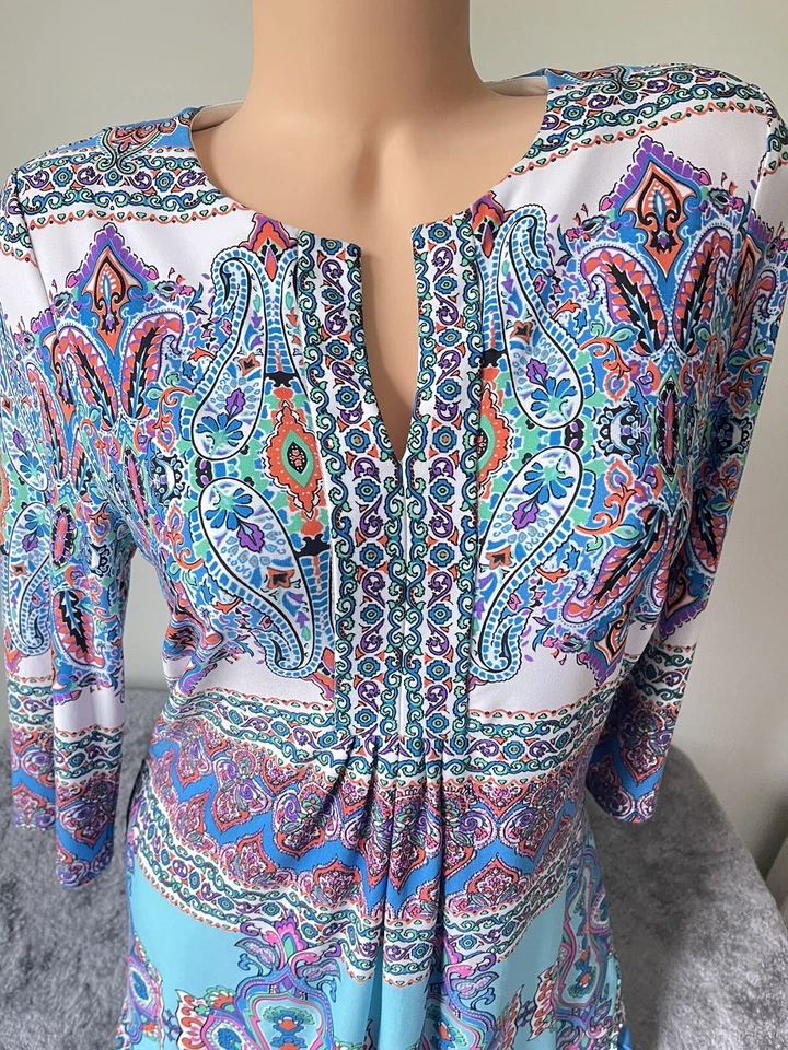 Vestido justo Sandra Darren 10 V paisley M azul laranja retrô anos 70 floral 4758 - Imagem 4 de 4