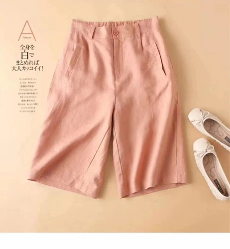 Pantaloncini donna lunghi larghi cotone lino lunghezza ginocchio con tasche leggeri - Foto 8 di 19