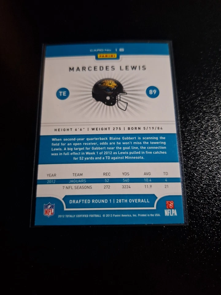 2012 TOTALLY CERTIFIED PLATINUM RED SP #16 MARCEDES LEWIS JACKSONVILLE JAGUARS - Image 2 of 2