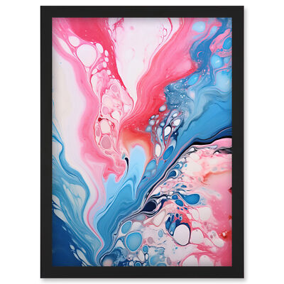 Fluid Paint Pouring Abstract Pink Blue Flowing Colours Framed Wall Art Print A4