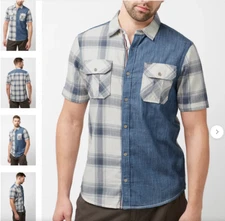 Sage Men's Short Sleeves Shirt in Plaid and Denim Blue Combo - BM23882 XL
