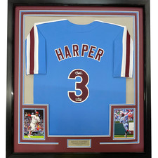 Framed Facsimile Autographed Bryce Harper 33x42 Blue Reprint Laser Auto Jersey