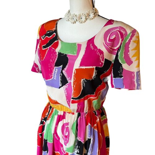 Albert Nipon Silk Vintage 80's Multicolor Bright Graphic Print Women Dress XS S - Imagen 3 de 13