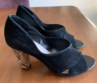 PLENTY by TRACY REESE Black Suede DANIA Snakeskin Heel Open Toe Pumps EU 37.5