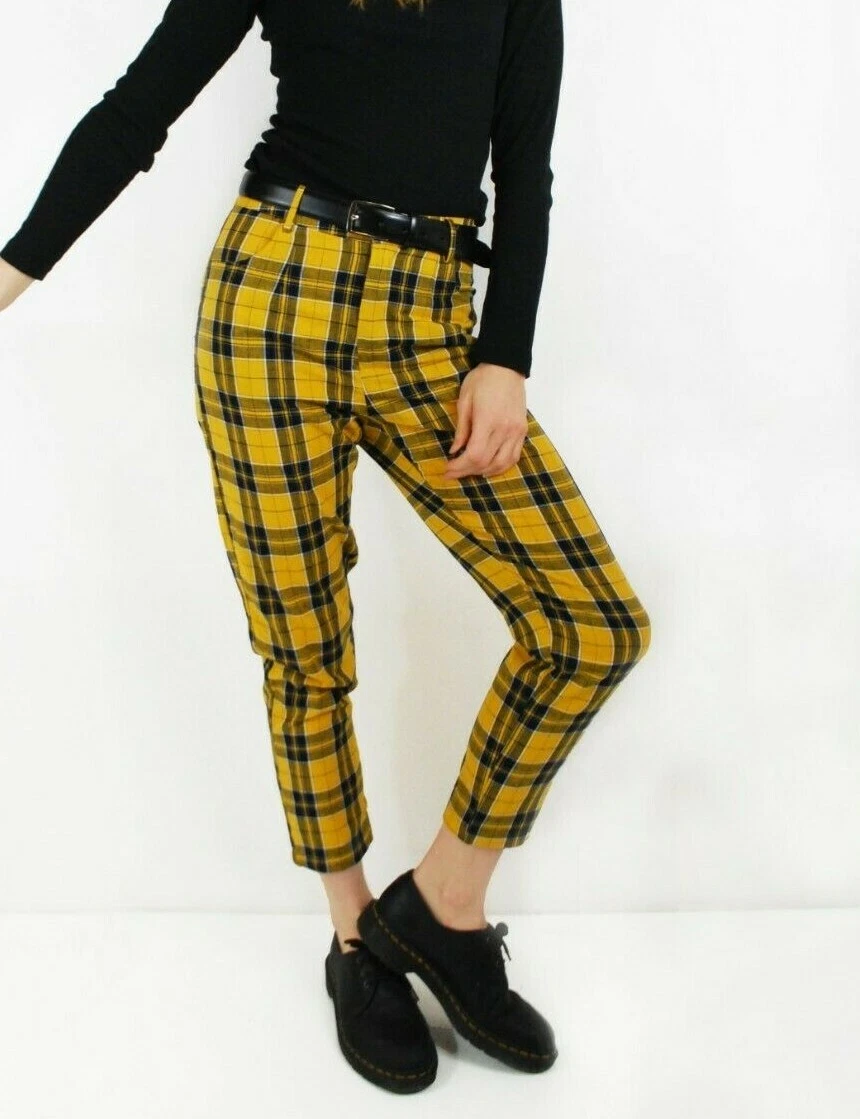 Womens Clueless Style Lined High Waisted Tartan Check Trousers - Mustard/Navy