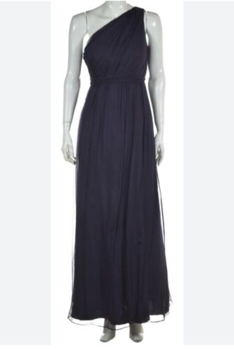 Amsale Dress Navy Blue 100% Silk One Shoulder Rouched Gown Belt Side Zip Size 6 - Picture 4 of 12