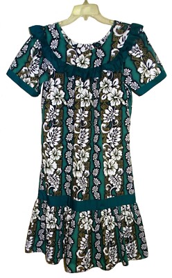 Sz S Vin Made in Hawaii Label Traditional Muumuu Dress Green White  Cotton/Poly