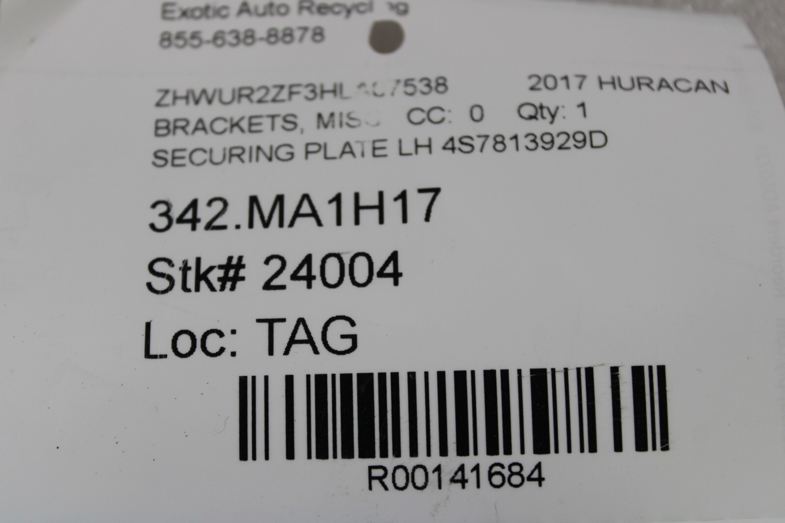 Lamborghini Huracan LP 580, 610, LH, Belt Mount Bracket, Used, P/N 4S7813929D
