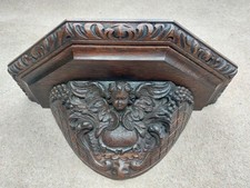 Antikes viktorianisches Wandregal aus Eiche, gotische geschnitzte Cherubleuchter, Uhrenhalterung