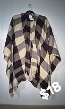 Womens  Beige Plaid Fringe Shawl Wrap Poncho,...