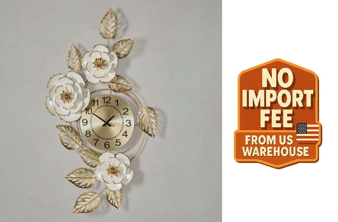Aurora Ivory & Gold Floral Metal Wall Art Clock Flower Wall Art Decor Ship USA.