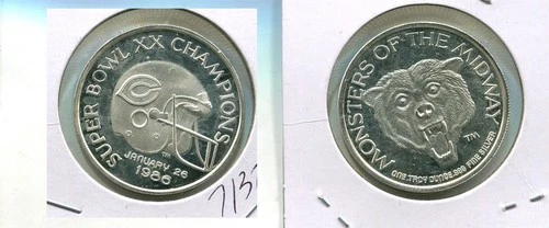 CHICAGO BEARS 1986 SUPER BOWL CHAMPIONS 1 OUNCE .999 FINE SILVER ROUND 7132T