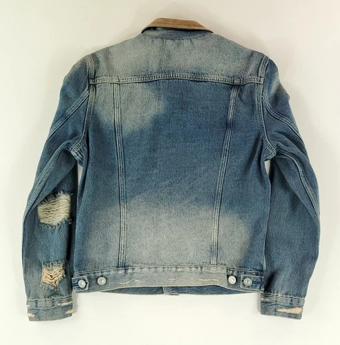All Saints Jacket Denim Trucker Distressed Blue Suede Collar Mens M image 3