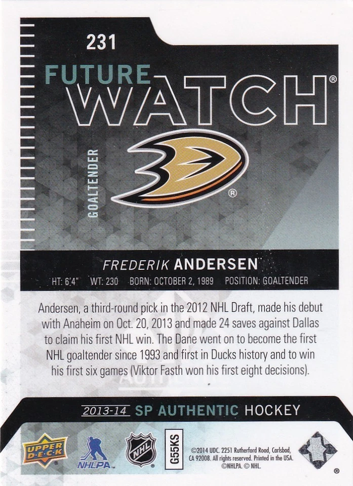 2013-14 SP Authentic #231 Frederik Andersen RC 1162/1299 - Image 2 of 2