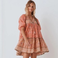 SPELL & THE GYPSY Seashell Boho Mini Dress Coral Pink Tan Sz XS $265 {3S13}