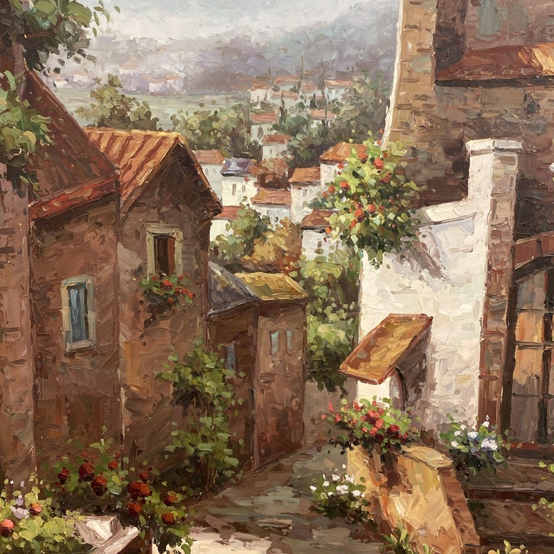 UNSTRETCHED Italian painting on canvas 36 x 48” Tuscany with flowers