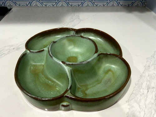 Vintage Frankoma Pottery Snack Dish 5 Section Chip Dip #818 Prairie Green