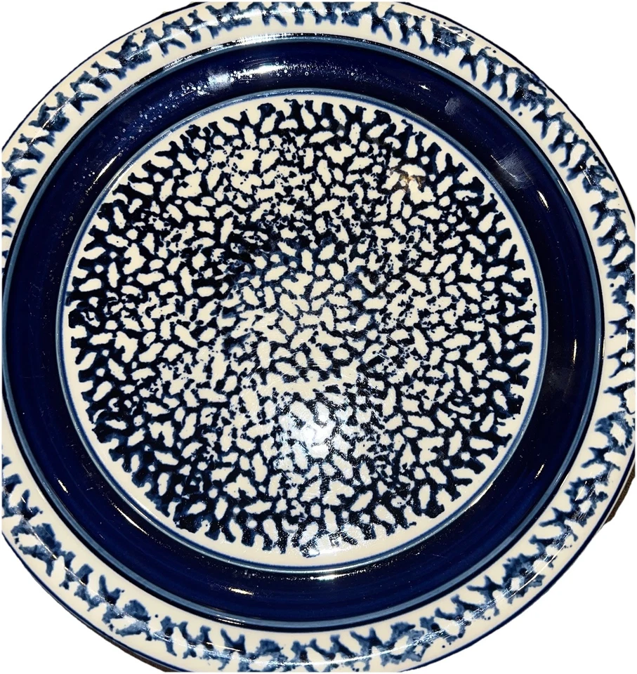 Губчатая синяя керамическая тарелка Country Crock Tienshan 10,75 дюйма из фарфора винтаж - 2 тарелки - Изображение 4 из 4