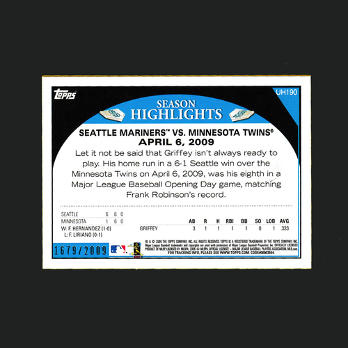 2009 Topps #UH190 Ken Griffey Jr - Gold Parallel (#1679/2009) - Mariners - Picture 2 of 2