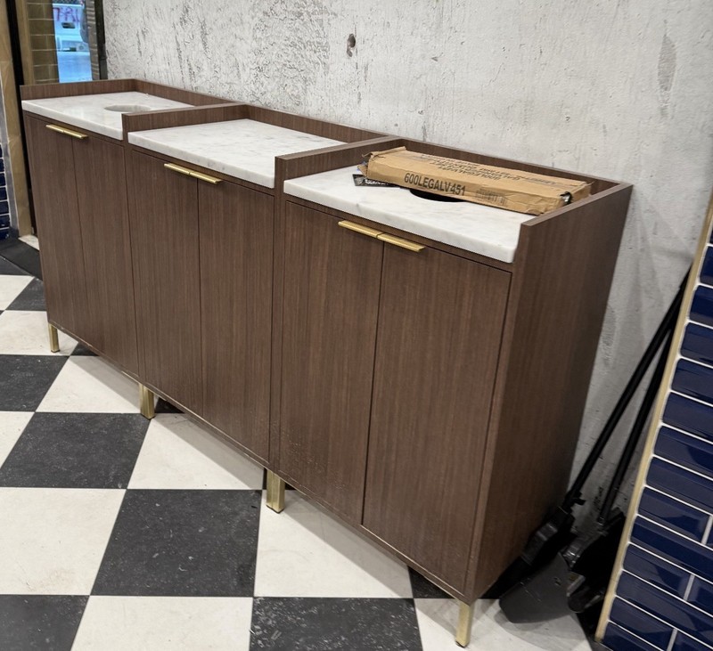 Modern Brown Wood Sideboard Buffet with Marble Top and Brass Handles