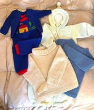 Lot of 4 Vintage Hand Knit Baby Clothes. 2 Sweaters. Bunting. One piece/sweater.