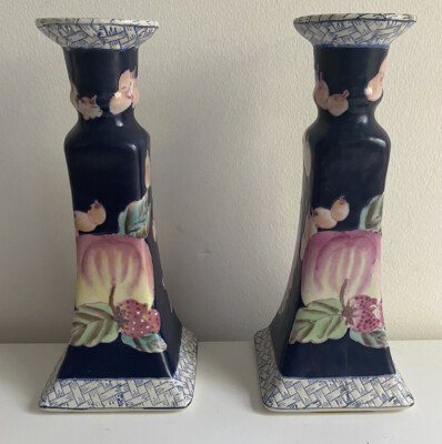 Vintage Pair Asian Chinese Porcelain Navy Pink Fruit  Candlestick Holders New 2