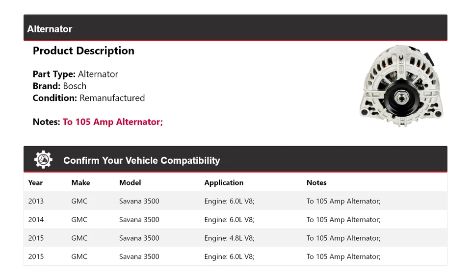 Alternador Bosch para GMC Savana 3500 2013-2015 (remanufacturado) 2014 Foto 2 de 4