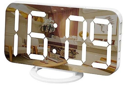 Digital Alarm Clock, Large Mirrored LED Display, with USB Charger, White