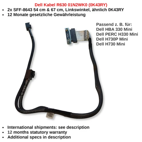 DELL SAS Kabel 50 cm 2xSFF-8643 Linkswinkel MPERC PowerEdge R630 01N2WK (0K43RY)