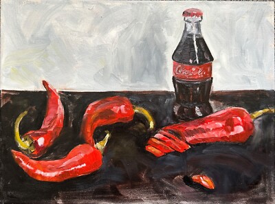 Original art still life oil painting on canvas ''Coca-Cola and peppers'' 11,8*15,7