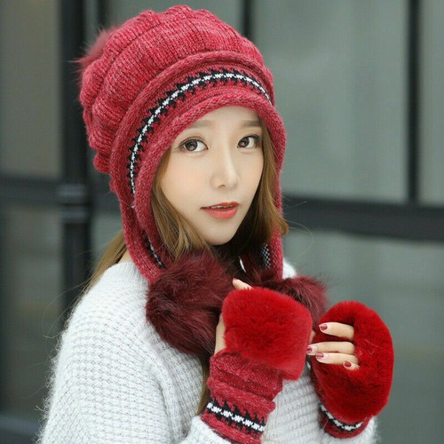 Womens Winter Hats Gloves Set Warm Snow Hats Knitted Caps Gloves Christmas Gifts - Picture 11 of 14