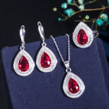 Silver Plated Red CZ Water Drop Pendant Necklace Earrings Ring Top Jewelry Set