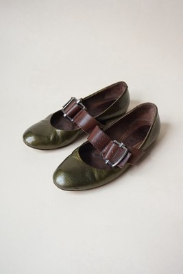 Marni Green Patent Leather Brown Buckle Mary Jane Flats - Size 36.5