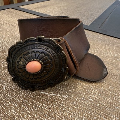 Brown Leather Belt With Western Navajo Brass Buckle And  display picture 3