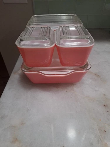 Vintage 1950s Pyrex 0503, 0502, 0501, Pink Pattern Complete Set of 8 Pieces MINT