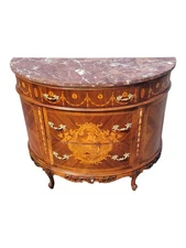1920s French Walnut Rosewood Inlay Demilune Sideboard Cabinet Marble Top
